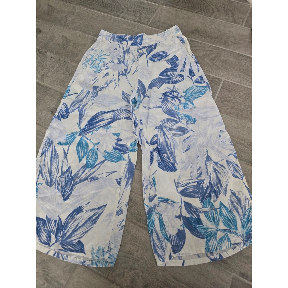 C&C California Blue White Floral 100% Linen Wide Leg Crop Pants Women Medium